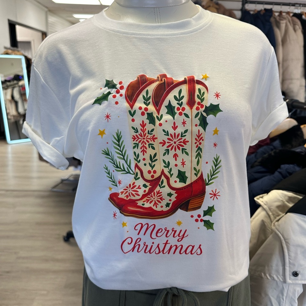 White Merry Christmas T-Shirt with Festive Boots Design